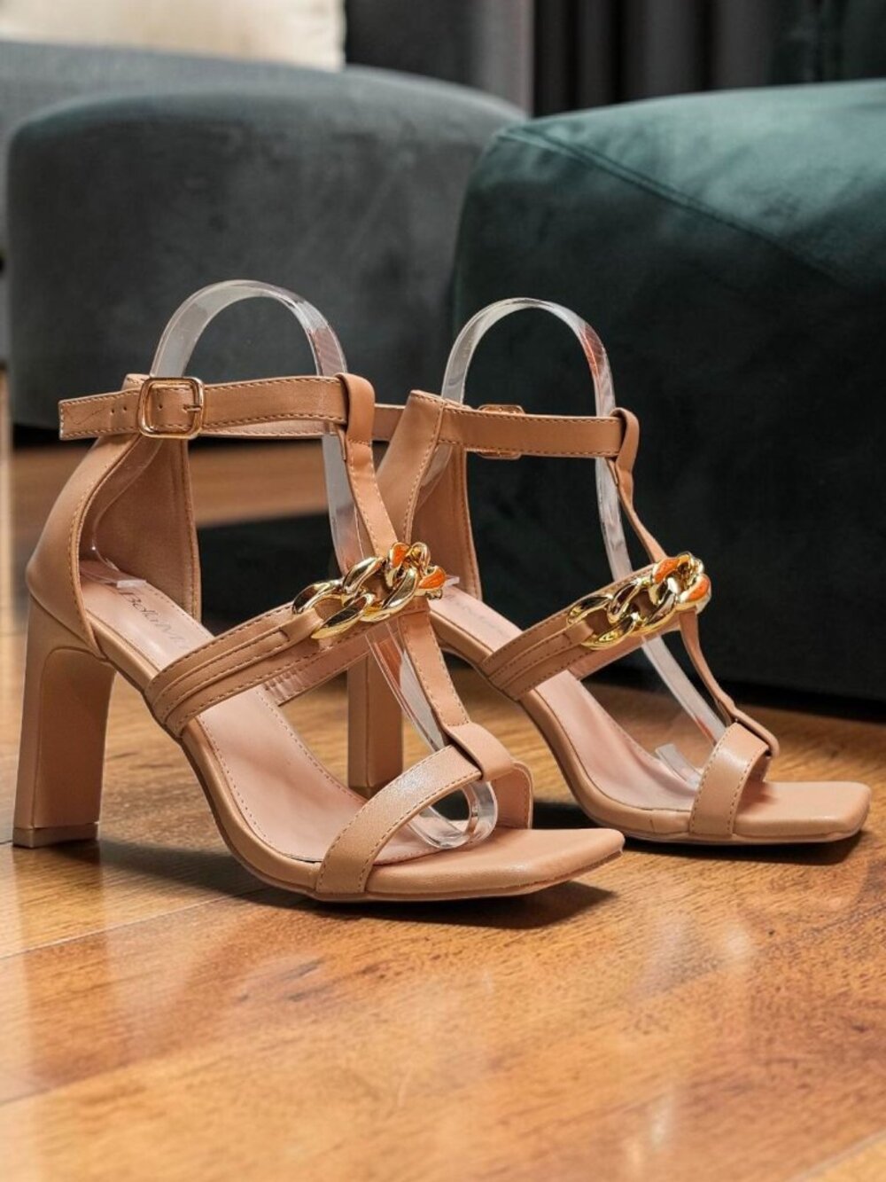 Gold Chain Accent Nude High Heel Sandals With Buckle Strap